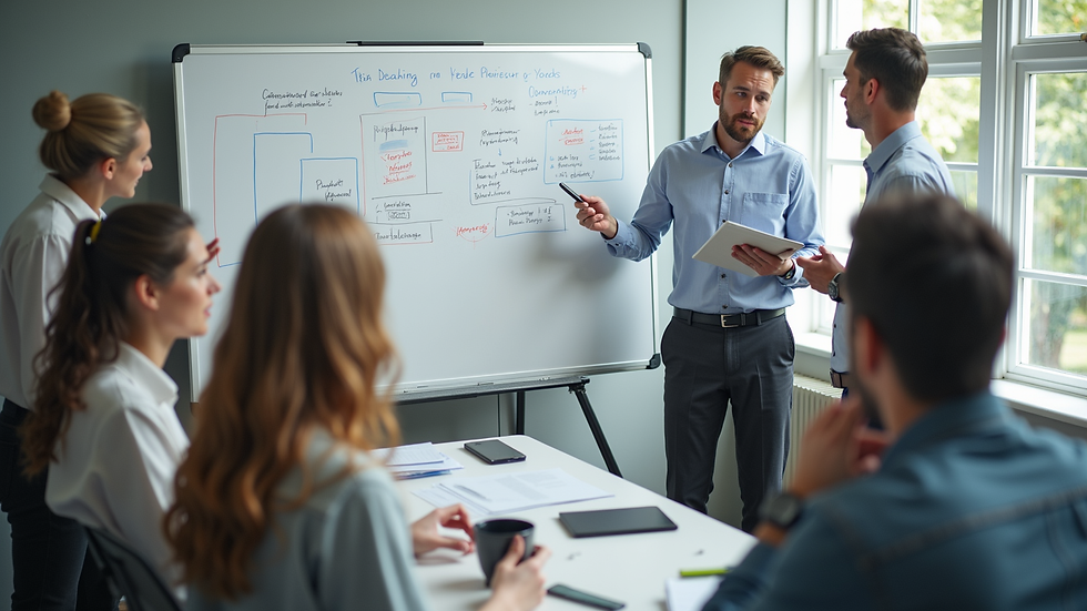 High angle view of a diverse group of individuals brainstorming ideas on a whiteboard