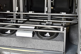 Camper conversion with high quality sound system and high-quality audio products at Apple County Customs.