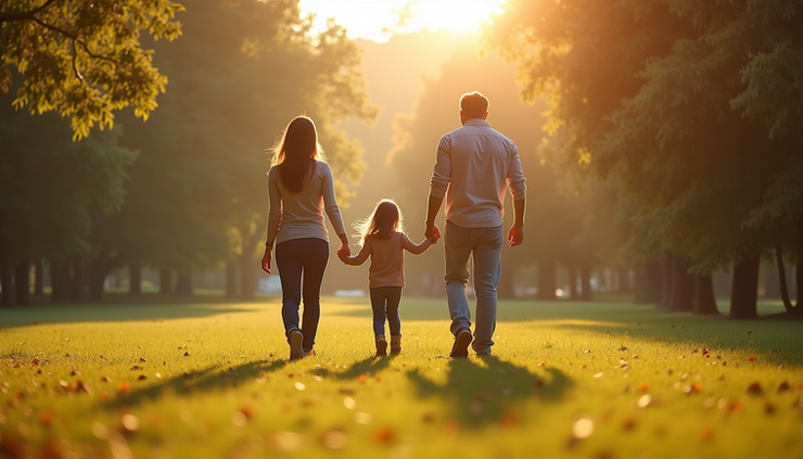 High angle view of a family walking together in a sunny park, holding hands