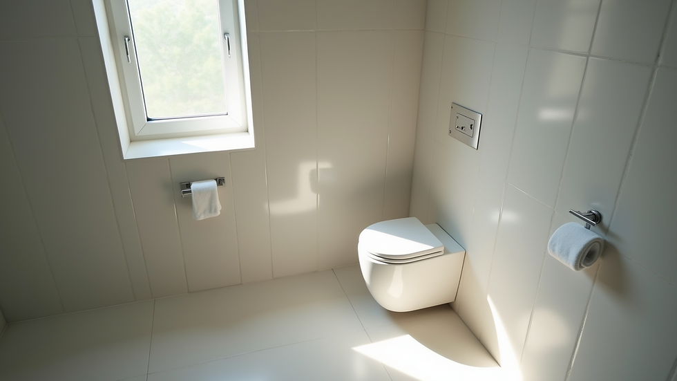High angle view of a modern bathroom with a rimless toilet and clean design