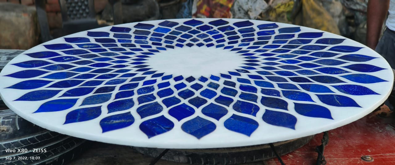 Marble Inlay Table Top With Lapis Lazuli Stone Work
