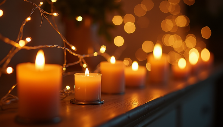 Close-up view of warm string lights and candles creating a cozy party atmosphere
