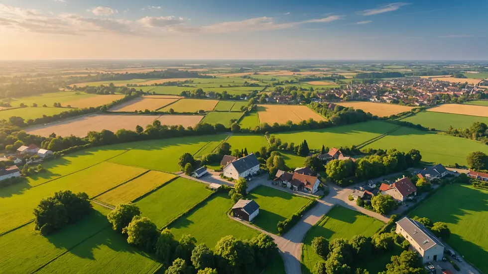 Wide angle view of a diverse landscape with urban and rural areas