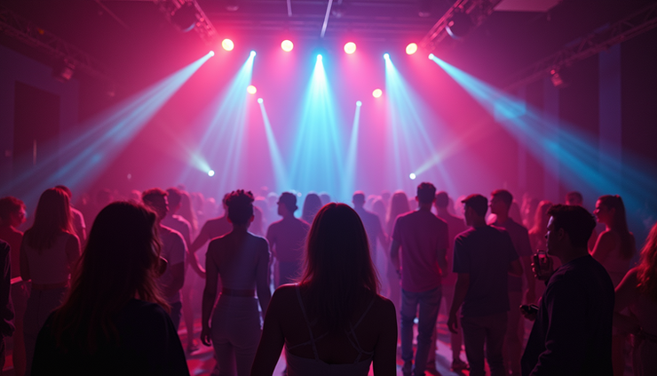 High angle view of a lively dance floor with colorful lights and partygoers
