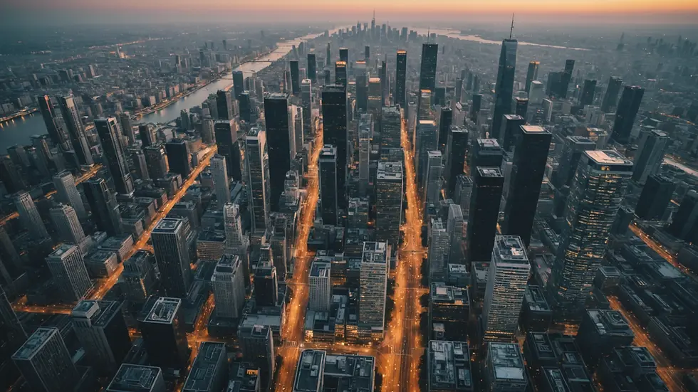 High angle view of a cityscape with data overlay