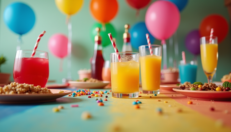 Eye-level view of a colorful party table with decorations and drinks