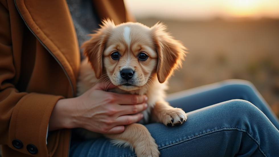 Close-up view of a person holding a small dog in their lap