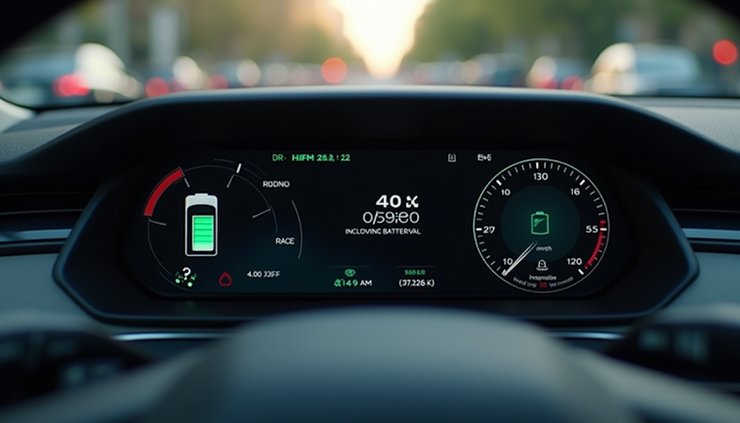 Close-up view of an electric vehicle's dashboard showing driving options and remaining range