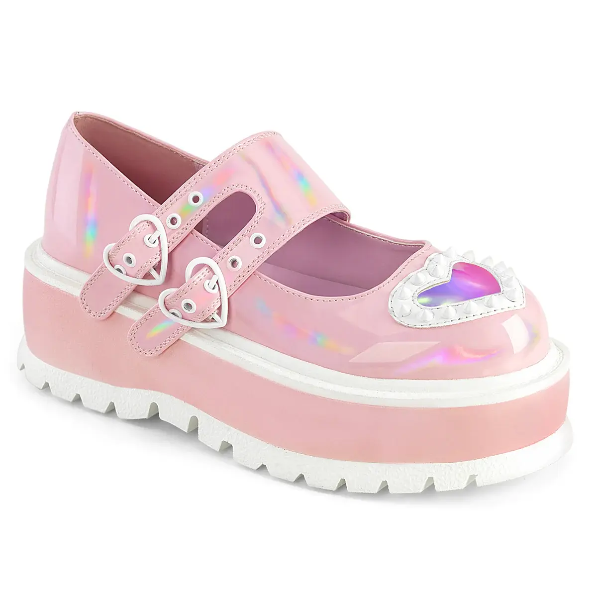 Demonia Pink Holographic Heart Maryjane Platforms