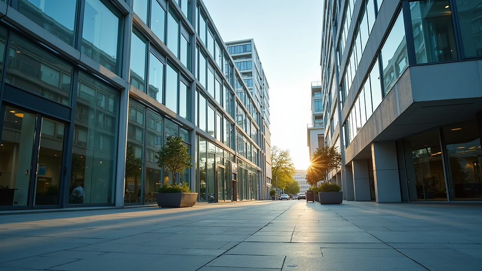 Eye-level view of a modern commercial office building in a business district