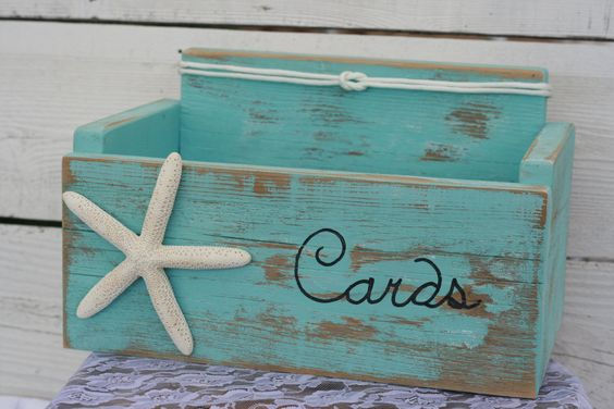 Distressed aqua wooden card box with starfish