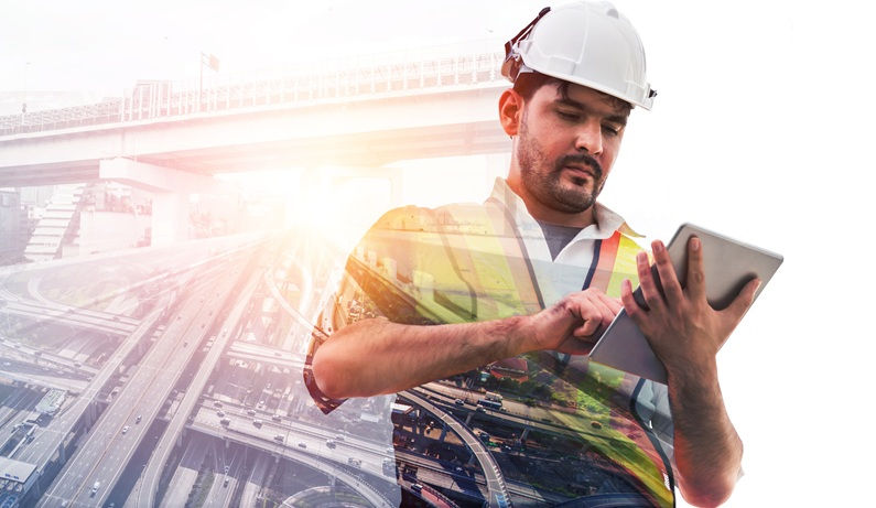 Construction worker on an ipad