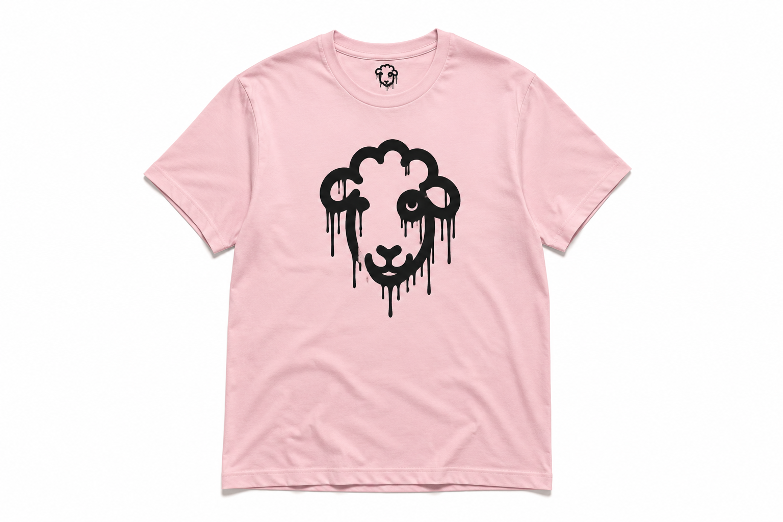 Black Sheep pink t-shirt featuring a black dripping sheep graphic on the front.