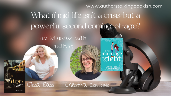 A microphone and four photos: Elissa Bass and her book, Happy Hour and Christina Consolino and her book, The Marriage Debt