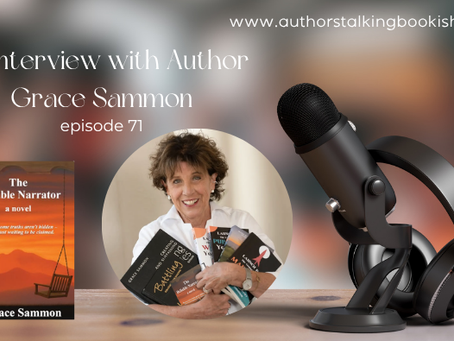 A microphone and two photos: Author Grace Sammon next to her book The Reliable Narrator