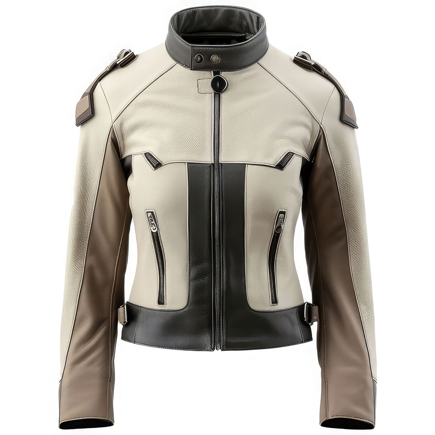 Women’s Cream Black Genuine Sheepskin Biker Stand Collar Smooth Zip-up Slim-fit