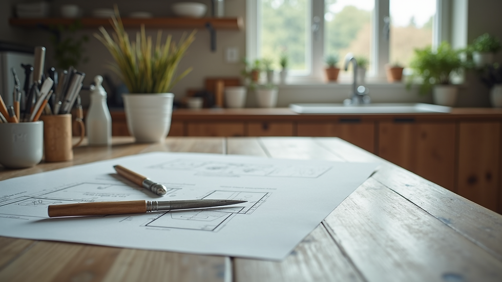 Close-up view of a kitchen worktop with tools and design plans