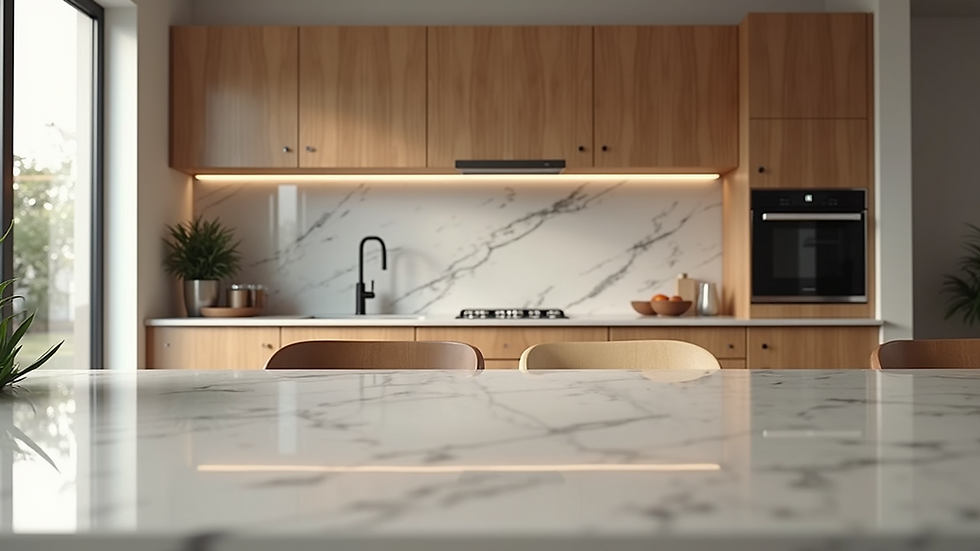 Eye-level view of a modern kitchen showroom with wooden cabinets and marble countertops