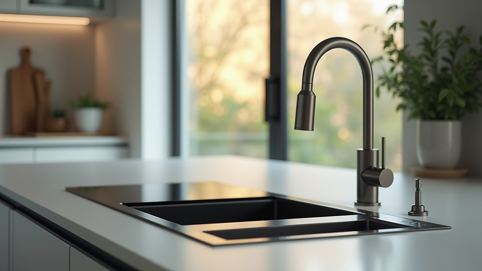 Close-up view of a kitchen worktop with a built-in hob and modern faucet