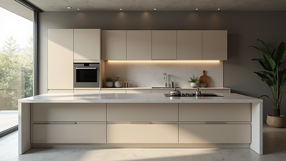 Eye-level view of a modern kitchen with sleek cabinets and integrated appliances