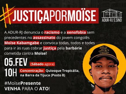 5 de fevereiro: participe do ato #JustiçaPorMoïse, às 10h, em frente ao Quiosque Tropicália!
