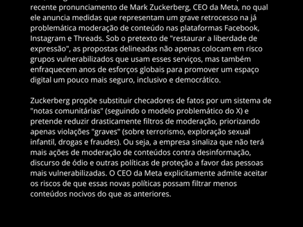 Contra o Retrocesso na Moderação de Conteúdo da Meta e os Ataques à Regulação Democrática do Espaço Digital