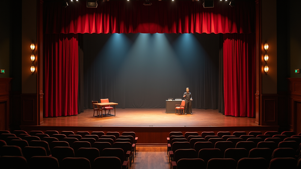 Eye-level view of the Carthage Little Theatre stage set for a production