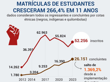 Matrículas por cotas raciais em universidades subiram 266% em 11 anos.
