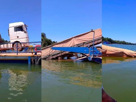 Vagões de carreta com milho caem de balsa no Rio Teles Pires