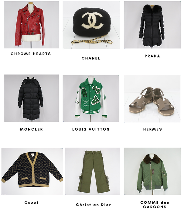 Chrome Hearts, Chanel, Prada, Moncler, Louis Vuitton, Hermès, Gucci, Christian Dior, COMME des GARÇONS