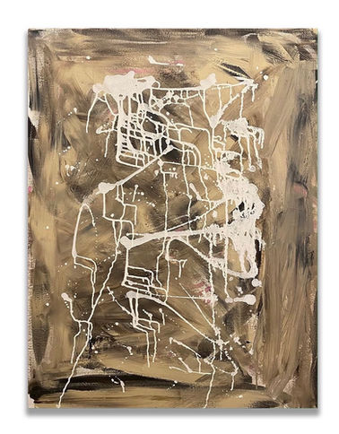 Dominic J. Lopez, Colony Layers, 2021. Acrylic on canvas, 40 x 30 inches. Vertical abstract composition with layered brown and umber brushwork overlaid by intersecting white linear drips and splatters.