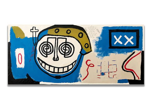 Battle (2020) acrylic on canvas. Stylized grinning face with spiral eyes and helmet-like headpiece against blue and white abstract fields, intersected by symbolic dagger and graphic marks.