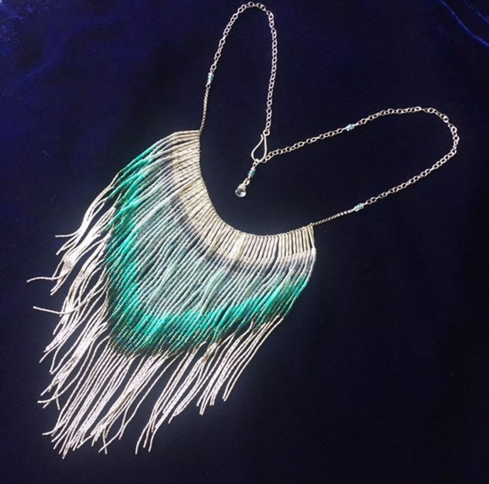 Thumbnail: Maui Swan Glass Beadwork Fringe Necklace w/ solid sterling silver chain fringe ~