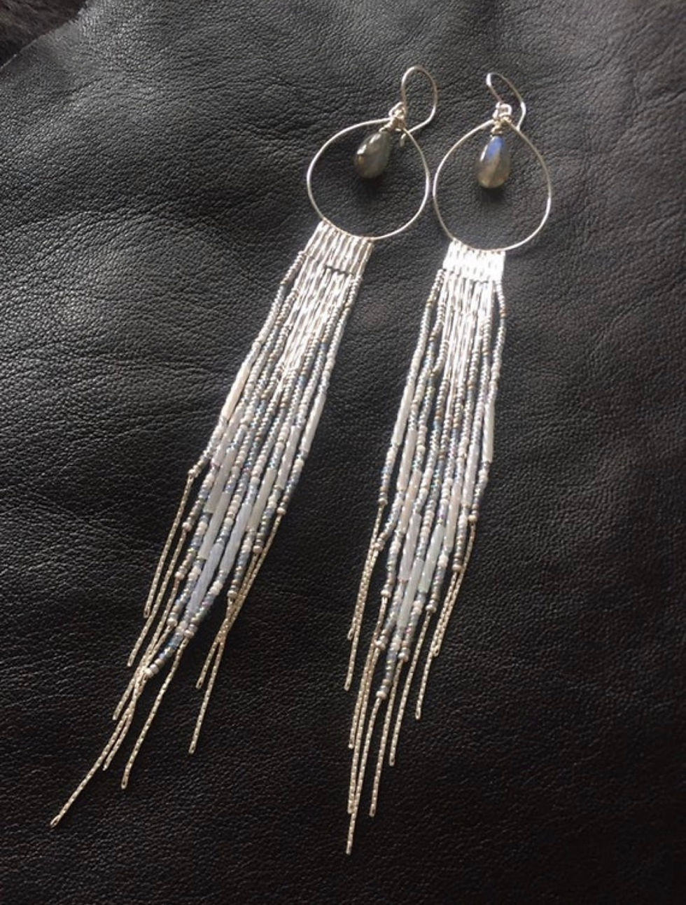 Thumbnail: Maui Swan Solid Sterling Silver & White Drop Hoop Seed Bead Earrings with Labrad