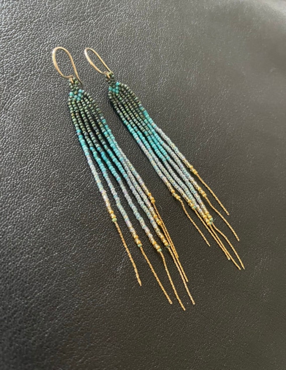 Thumbnail: Seed Bead Earrings ~ Maui Swan Designs  short length "Greenish Blue & Stone" bea