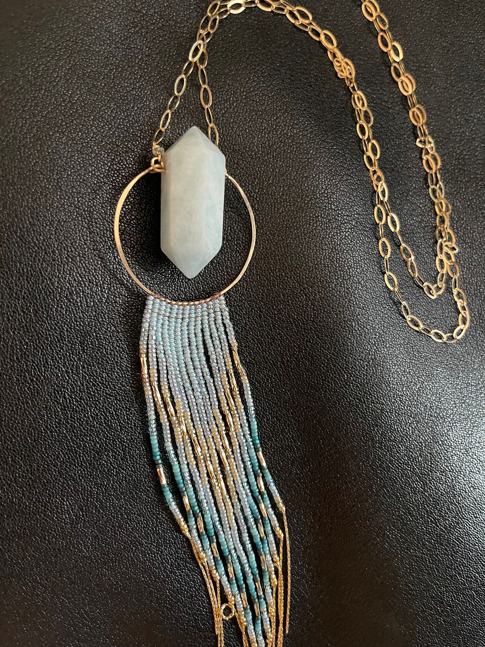Thumbnail: Double Terminated Point Aquamarine 14k & Glass Seed Bead Necklace