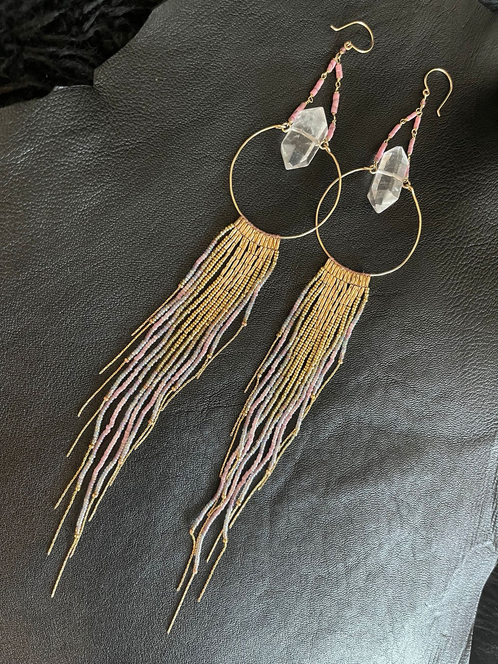 Thumbnail: Quartz, Pink Coral & 14k Gold Filled Hoop Fringe Earrings