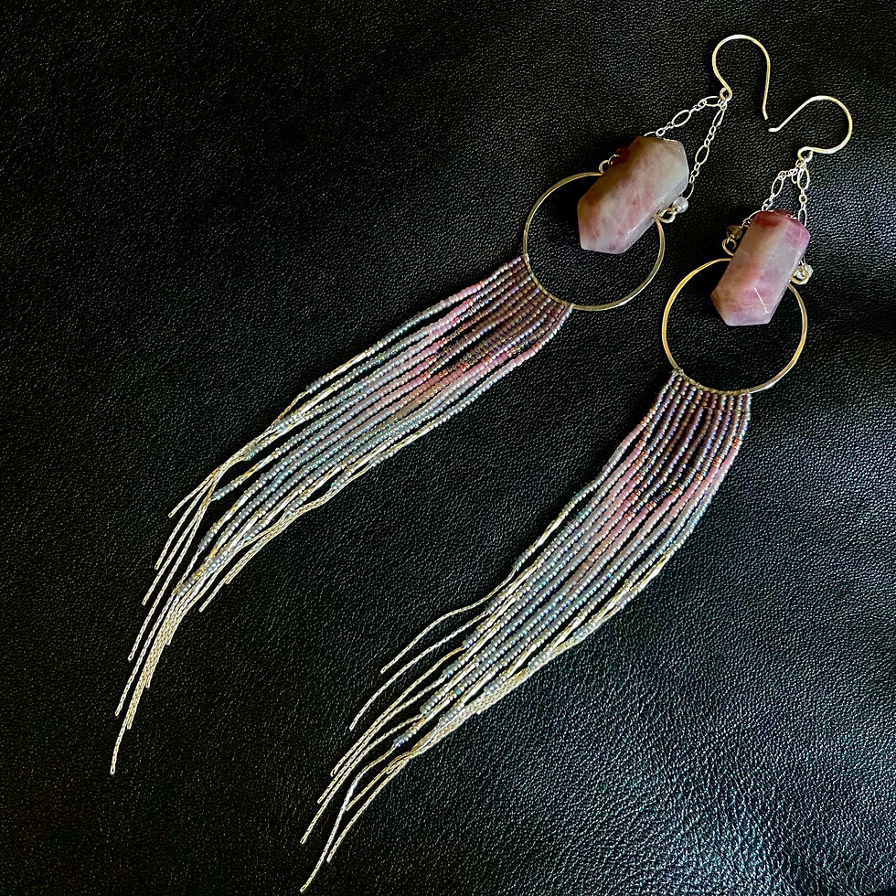 Thumbnail: Double Point Rose Quartz Sterling Fringe Hoop Earrings