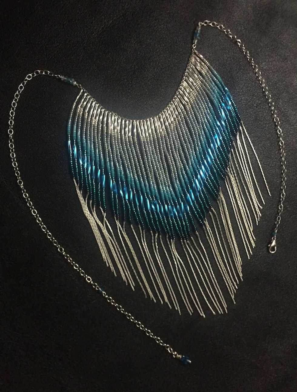 Thumbnail: Maui Swan Glass Beadwork Fringe Necklace w/ solid sterling silver chain fringe ~
