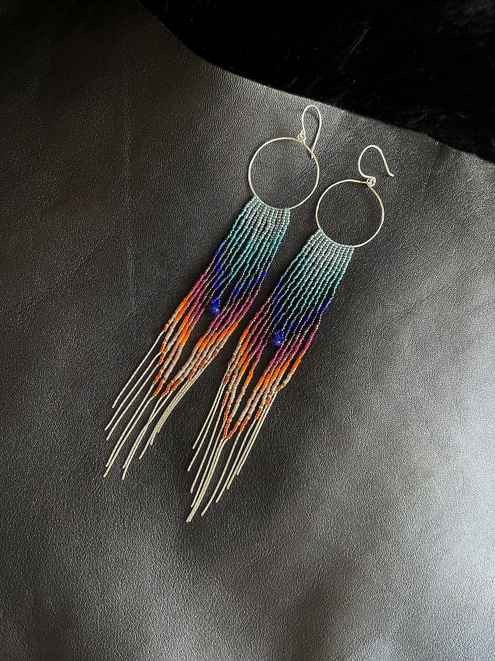 Thumbnail: Handmade Lapis Lazuli Solid Sterling Fringe Hoop & Chain Seed Bead Earrings 