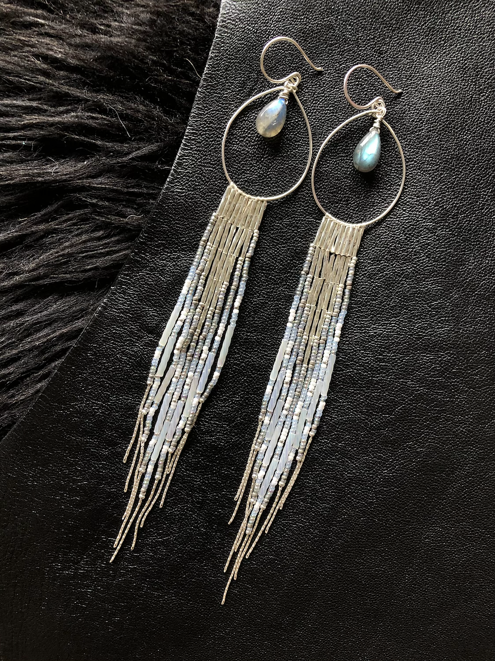 Thumbnail: Maui Swan Solid Sterling Silver & White Drop Hoop Seed Bead Earrings with Labrad