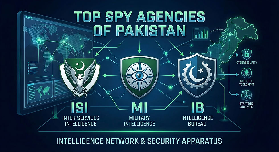 Pakistan’s top intelligence agencies ISI, IB, and MI represented with security and surveillance imagery