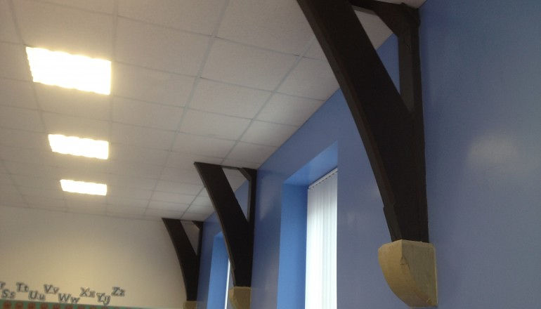 View of exposed truss in church to commercial conversion in oldham.