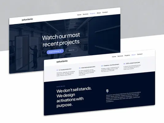 Mockup de diseño web para Solucionic, un estudio creativo de fabricación de stands