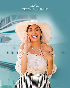 Model happily wearing Crown of Light jewelry.