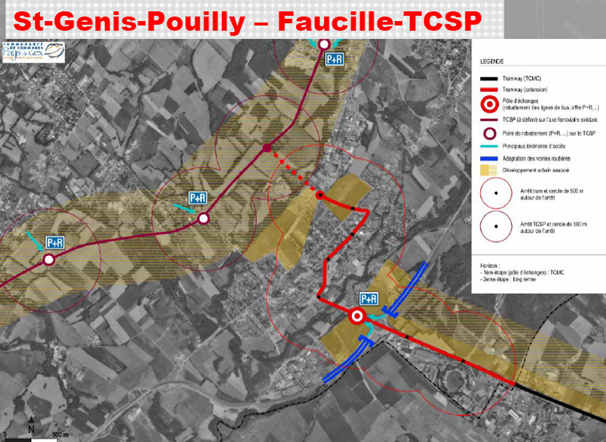 Prolongement abandonné du tramway depuis le terminus actuel du CERN en direction de Saint-Genis-Pouilly avec un hypothétique raccordement sur la ligne du piémont du Jura. Illustration Communauté de Communes du Pays de Gex.