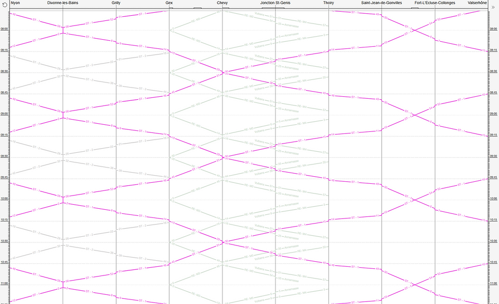 Modélisation du parcours Nyon - Valserhône sur Netzgrafik. Une circulation toutes les 30 minutes serait possible avec des croissements à Divonne-les-Bains, sur l'avenue des Alpes, une voirie qui permettrait de réaliser une double voie.