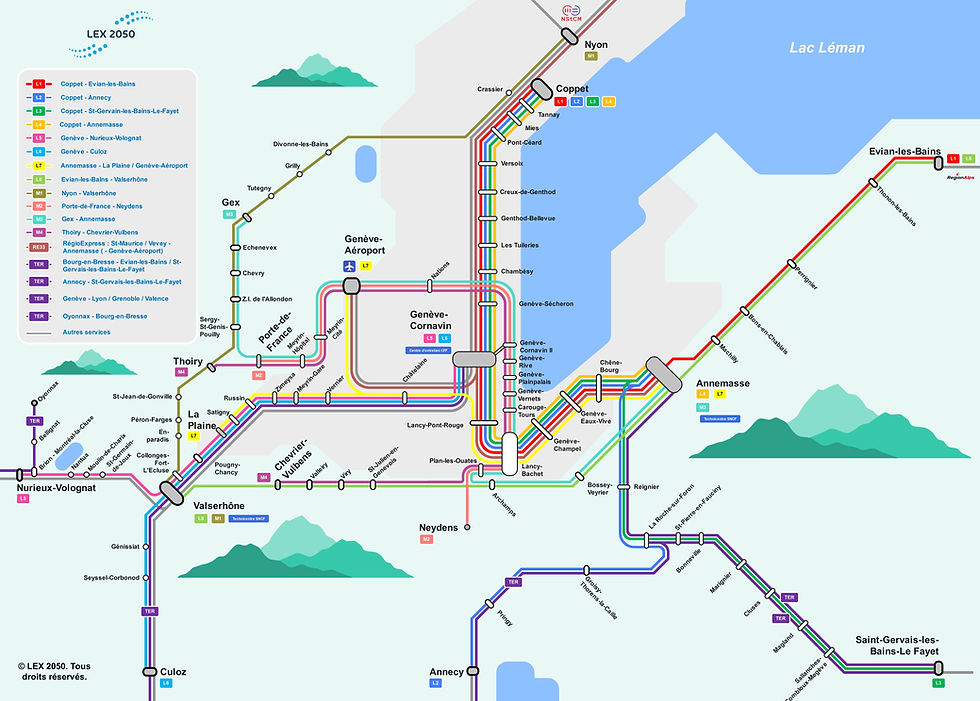 Schéma des lignes régionales (Léman Express) et du nouveau métro genevois à l'horizon 2050