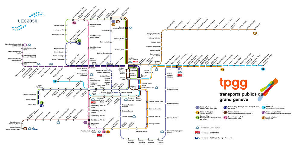 ​ Schéma des lignes de tramways du Grand Genève à l'horizon 2050