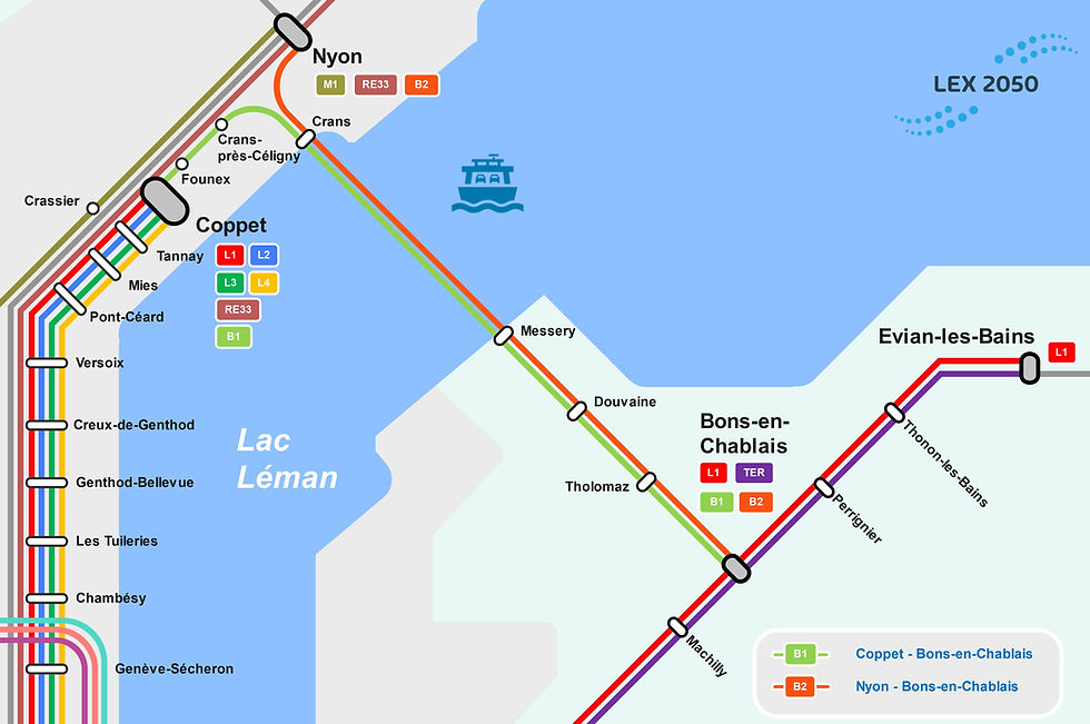 ​​Schéma des lignes de Ferry du Grand Genève à l'horizon 2050